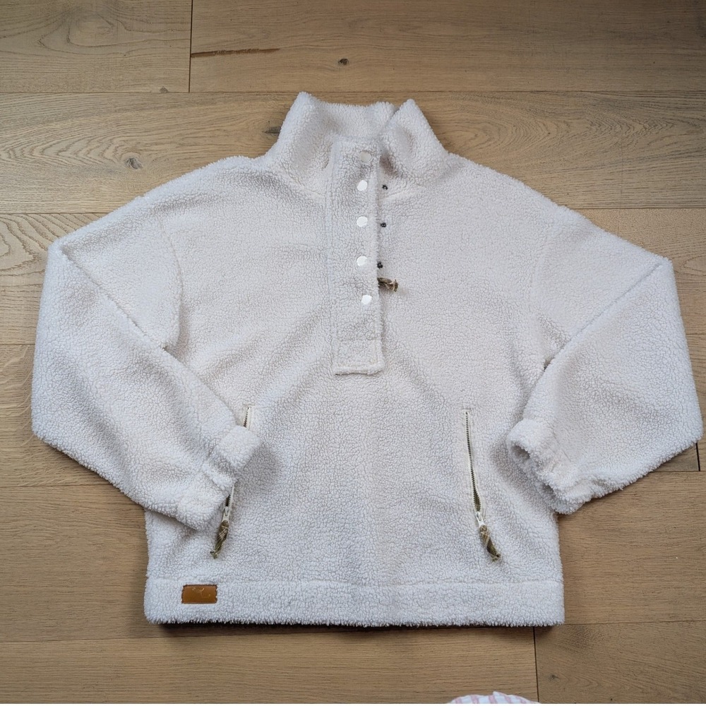 Simply Southern Sherpa Fleece Pullover Cream Plaid Trim Mock Neck Snap Large